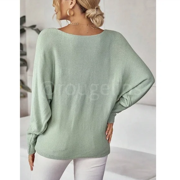Mint Green Boat Neck Light Knit Sweater Batwing Sleeve Loose Fit, Stretchy - Picture 6 of 8